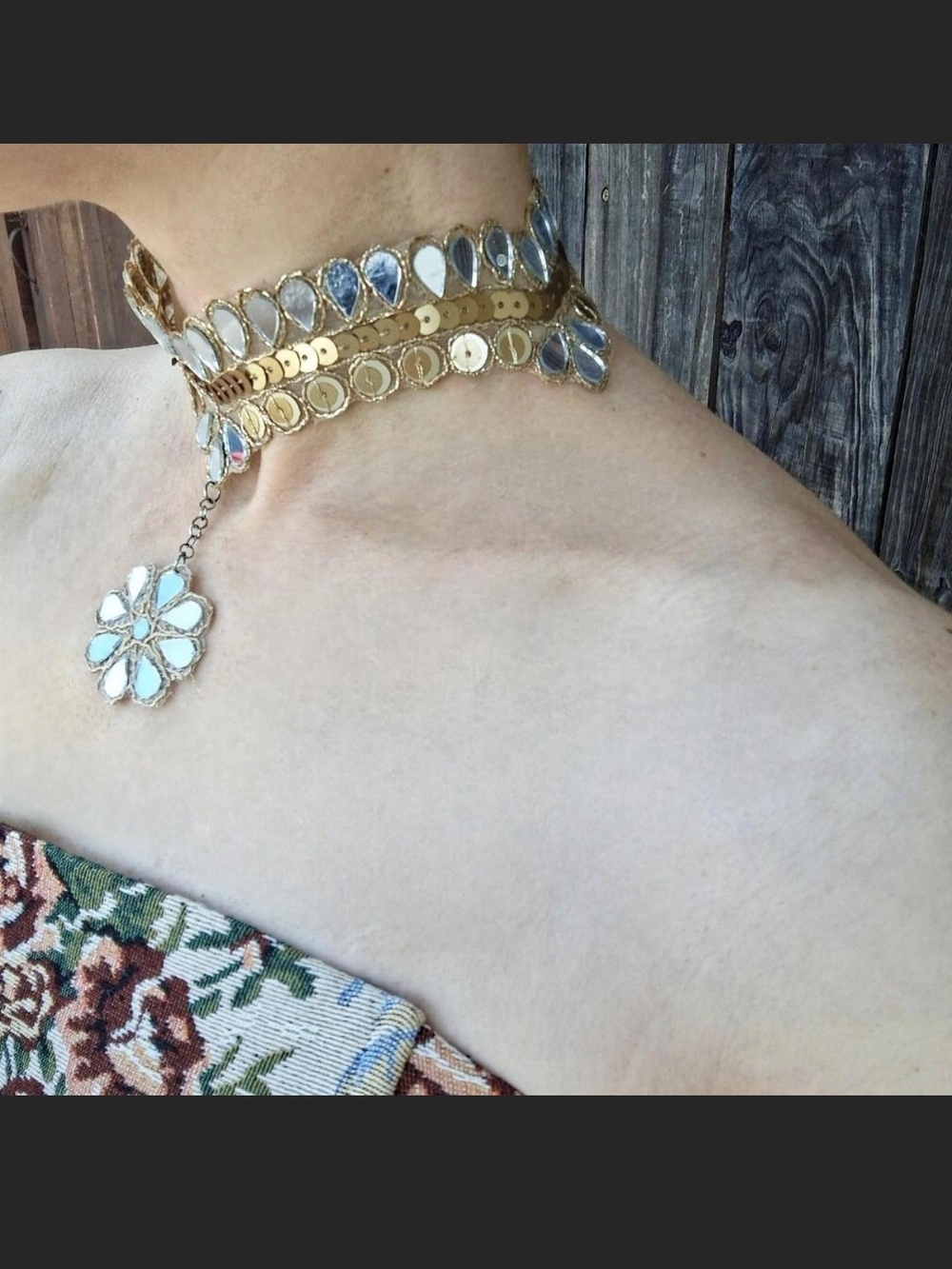 Handmade Gold Floral Mirror Choker Necklace - Women's Jewelry - Picture 4 of 8
